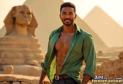 Smiling man leaning by the Great Sphinx in an open green shirt