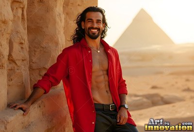 A beaming man dressed in an open red shirt leans on stone near a pyramid in the sun