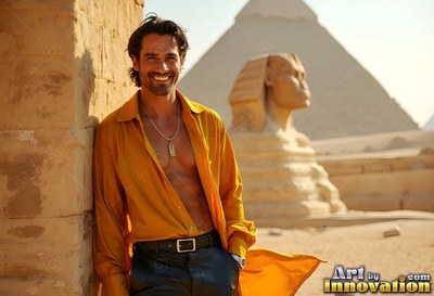 At the Great Sphinx, a smiling man stands in an open yellow shirt and black pants