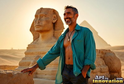 Smiling in the desert sun, a man with an open dark teal shirt stands near the Sphinx