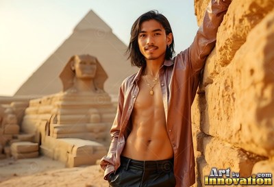 Man in an open brown thin silk shirt near the Great Sphinx