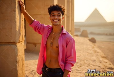 In an open pink shirt, a smiling young man tilts back on stone ruins near a pyramid