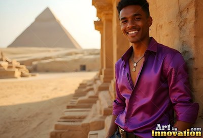 A cheerful man props himself on stone ruins in a deep purple shirt under bright desert sun