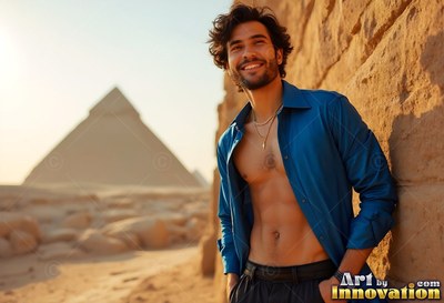 Leaning against a stone wall in Giza, a smiling man wears an open blue shirt