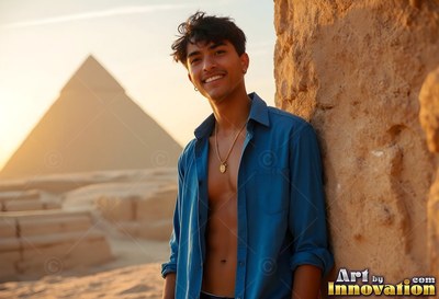 A smiling younger man in an unbuttoned blue shirt leans by a wall near a pyramid
