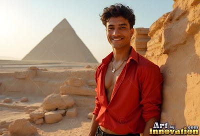 In the Giza desert, a smiling young man dressed in an open red shirt leans against stone ruins