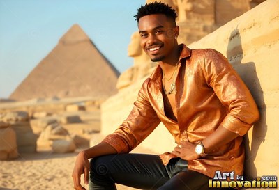 Smiling in the sun, a man in a bronze silk shirt leans against stone near a pyramid