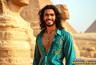 A grinning man in an unbuttoned teal shirt stands by the Sphinx