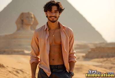 Wearing an open peach silk shirt, a smiling young man stands before the Great Sphinx in warm desert light