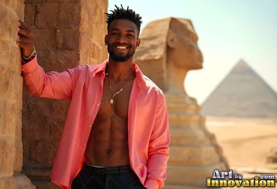 A smiling man reclines on a stone wall in an open pink shirt under warm desert light