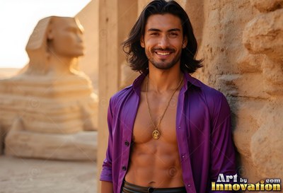 Happy man leaning against stone ruins near the Sphinx in an open deep purple shirt