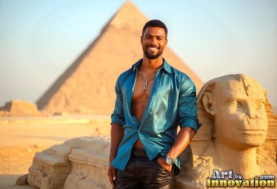 A happy man in an unbuttoned teal soft silk shirt leans on the Sphinx by a pyramid