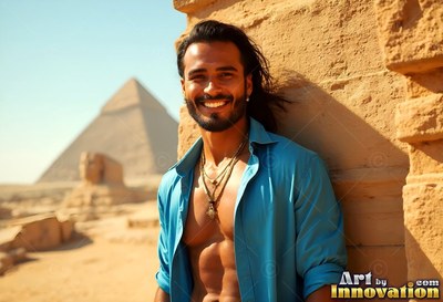 At Giza, a beaming man in an open blue shirt leans against a stone wall