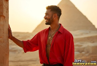 Smiling near a stone wall, a man in an open red shirt stands before pyramids