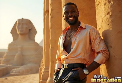 Wearing an open peach silk shirt, a happy man rests on stone pillars near the Great Sphinx
