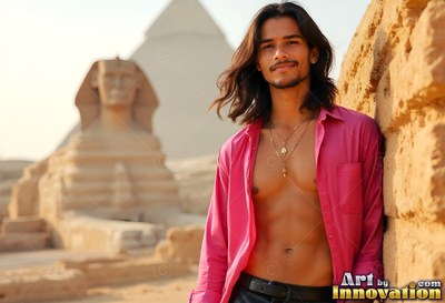 A happy man reclines near the Sphinx in an open pink shirt under warm desert light