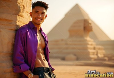 Leaning back, a grinning man with an unbuttoned light purple shirt poses near the Sphinx