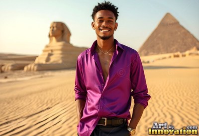 A smiling man wearing an unbuttoned dark purple shirt stands in the desert by the Sphinx