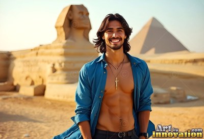 In the Giza desert, a cheerful man stands in an open blue shirt by the Sphinx