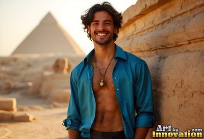 Smiling near the pyramids, a young man wears an open teal light silk shirt in warm sunlight