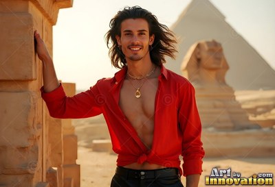Smiling man in an open red shirt by the Great Sphinx