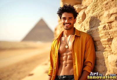 An unbuttoned yellow shirt on a beaming man leaning on stone near a pyramid