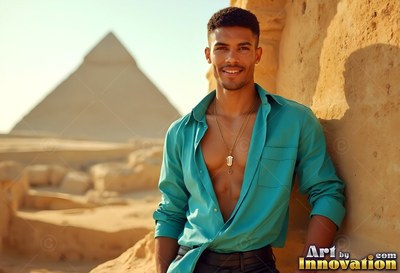 A cheerful man leans by a stone wall near a pyramid in warm sunlight