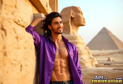 Leaning back against stone, a cheerful man in a purple shirt poses near the Sphinx