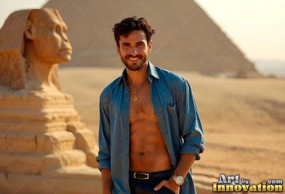 A grinning man with an unbuttoned blue shirt stands by the Great Sphinx in the desert sun
