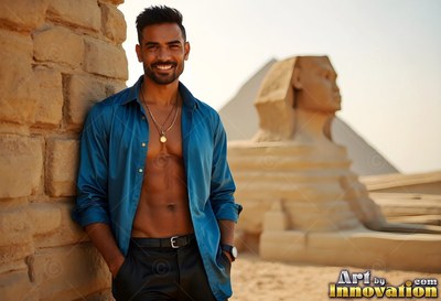 Near the Great Sphinx, a smiling man leans on a stone wall in an open blue shirt