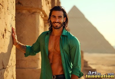 Smiling near stone ruins, a tanned man with an open green shirt stands by a pyramid