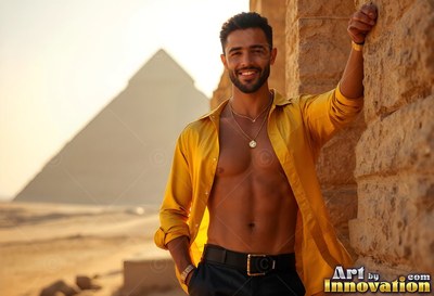 Grinning man wearing an open yellow shirt by the Giza pyramids
