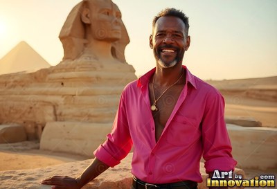 A smiling man dressed in an unbuttoned pink shirt stands in sunlight near the Great Sphinx