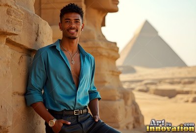 A man in a teal thin silk shirt leans against stone near a pyramid in warm daylight