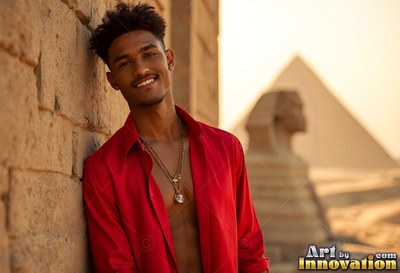 Beaming man leans against a stone wall in an open red shirt near the Sphinx