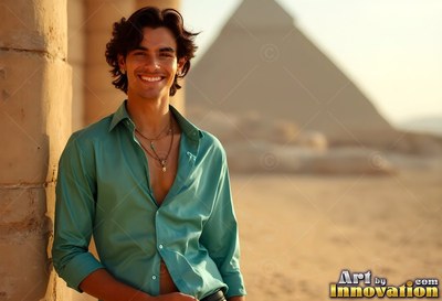 A cheerful man dressed in an open teal shirt leans against a stone pillar by the pyramids
