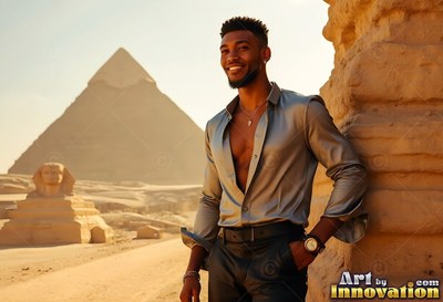 In the desert by the Sphinx, a beaming man stands in an open smooth silk shirt
