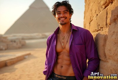 Smiling in an open dark purple shirt, a man tilts back by a stone wall near a pyramid