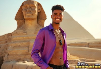 Smiling man dressed in an open purple shirt by the Sphinx