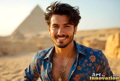 A happy man stands in a blue floral shirt before the pyramids in warm sunlight