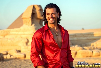 Cheerful man in an open red soft silk shirt standing by the Great Sphinx in the sun
