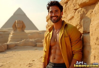 Near the Great Sphinx, a smiling man reclines on a stone wall in an open yellow shirt