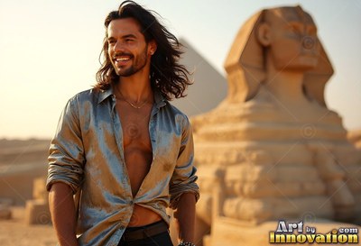 Smiling man in an open soft silk shirt standing by the Sphinx