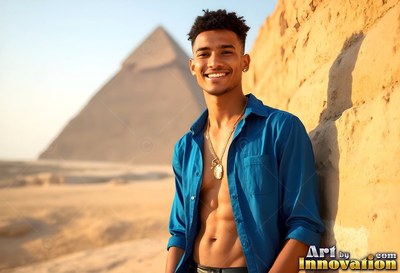 An unbuttoned blue shirt on a beaming man standing near the pyramids in Giza sand