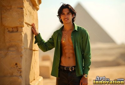 A man wearing an unbuttoned green shirt leans on a stone wall in warm sunlight