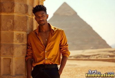 Leaning against a stone pillar, a young man in an orange shirt stands near a pyramid