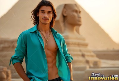 A man wearing an unbuttoned dark teal shirt stands in warm sun near the Great Sphinx