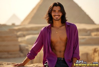 Before the pyramids, a beaming man stands in an open dark purple shirt