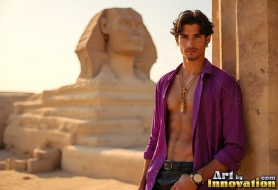 Leaning by a stone wall, a man dressed in an open dark purple shirt stands before the Great Sphinx