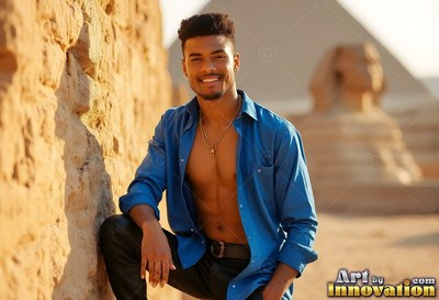 Smiling man dressed in an open blue silk shirt near the Sphinx